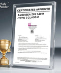 Hard Core Ansi Certified Abs Construction Hard Hat With Quick Airflow Ventilation And Rock Solid Six Point Suspension Built Heavy Duty For Real Trade Grind And Daily Job Site Shield certification document displayed with trophy.