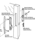 Diagram illustrating parts and dimensions of the White Painted Diecast Aluminum Sliding Patio Door Pull Handle, Six And Five Eighth Inch Center To Center Spacing, Low Profile, For Flush Lock Sets, Durable Replacement For Patio Doors, Single Pack.
