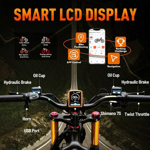 Smart LCD display features of Real Deal Dual Motor Electric Bike 6000W 52 MPH Heavy Duty Adult Ebike with app control.