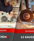 Split image showing indoor woodcutting with circular saw and outdoor metal grinding with sparks and 12 gauge label.