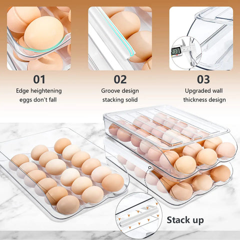 Egg Organizer For Refrigerator, 36 Egg Stackable Storage Box, showing features like edge heightening, groove stacking, and lid design.
