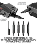 30 In 1 Firearm Maintenance Multitool With Flat Phillips Torx Bits And Pin Punch, showing folding tool's bit drivers.