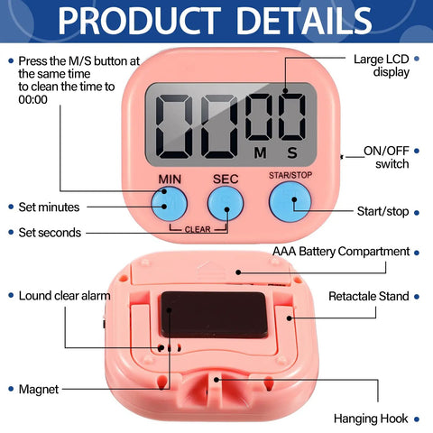 Set Of 30 Multicolor Digital Kitchen Timers With Magnetic Mount Loud Alarm And Big Digits Countdown To 99 Minutes 59 Seconds Lit showing pink timer details