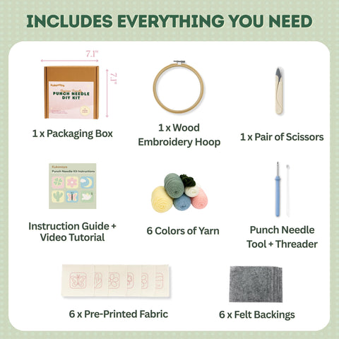 Punch Needle Kit For Beginners And Adults All In One Diy Embroidery Set With Printed Fabric Yarn Needle Hoop Guide And Six Coaster Projects contents