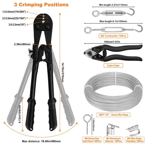 One Eighth Inch Stainless Steel Cable Kit with 150 ft Wire Rope, Crimping Tool, Cutter, Turnbuckles, Thimbles, Eye Bolts
