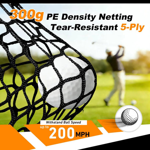 Close-up of Pop Up Golf Practice Net 7x7x4ft Hitting Cage With Target showing 300g density netting with golfer in background.