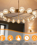 Circular chandelier with multiple bulbs highlighting features like heat resistance and easy installation; 3000K lighting shown.