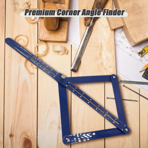 Dead On Corner Angle Finder Tool, Miter Saw Protractor With Bold Dual Scale Readouts, Digital Angle Gauge on a wooden surface.