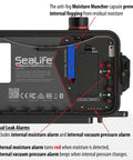 Back view of SportDiver Ultra Underwater Smartphone Housing for Scuba Diving showing leak alarms and moisture muncher capsule.