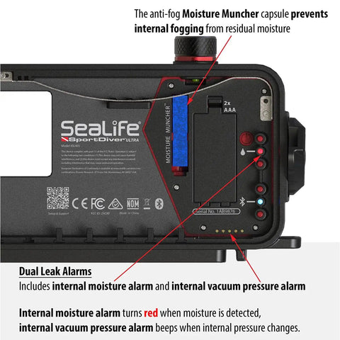 Back view of SportDiver Ultra Underwater Smartphone Housing for Scuba Diving showing leak alarms and moisture muncher capsule.