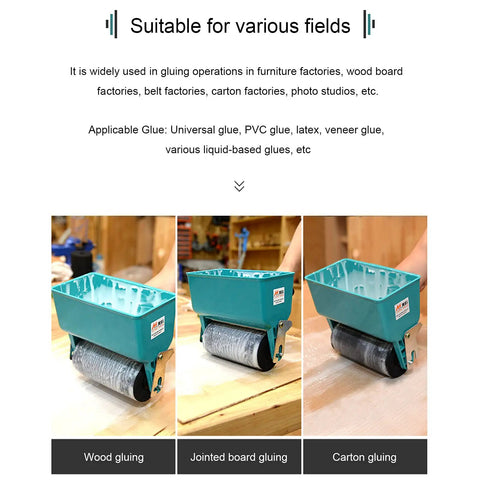 Heavy Duty Manual Glue Spreader Roller For Real Daily Woodworking Tasks Large Capacity Tank Applicator With Boss Grip Quick Coat Handle in use for wood gluing.