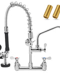 Commercial Sink Faucet - 21" Height Commercial Faucet Wall Mount with Pre-Rinse Sprayer featuring chrome finish and swing spout.