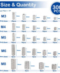 Image of 300Pcs Metric Set Screws Assortment Kit With 24 Sizes M3 To M8, stainless steel internal hex drive grub screws chart.