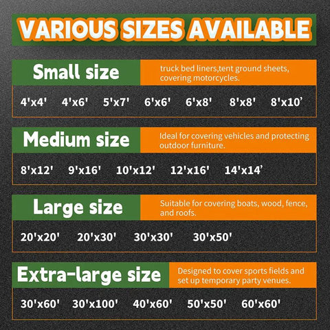 Various sizes of Black Tarp 6x8 Feet, 8 Mil Heavy Duty Waterproof Poly Cover With Metal Grommets And Reinforced Edges Built To Last