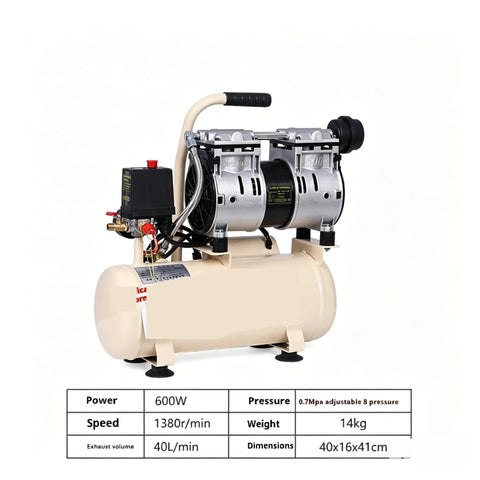 Whisper Quiet 220V Air Compressor 8L Tank Silent Oil Free Pump For Industrial Use 600 Watt Motor Compact Design Low Noise Operation High Performance Efficiency Reliable And Durable For Workshop Jobs