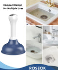 Heavy Duty Mini Sink Plunger With Short Handle Creates Solid Suction To Rip Through Stubborn Clogs Right Away In Kitchen Bathtubs And Floor Drains, navy rubber tool in various sink settings.