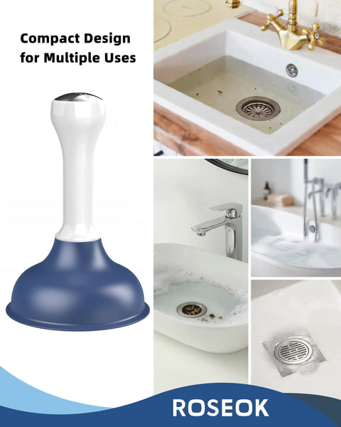 Heavy Duty Mini Sink Plunger With Short Handle Creates Solid Suction To Rip Through Stubborn Clogs Right Away In Kitchen Bathtubs And Floor Drains, navy rubber tool in various sink settings.