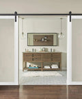 Double Barn Door Set 64x84 Inches Clear Glass, White Silk Finish, installed with top mount rail system in living room view