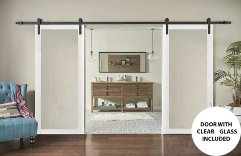 Double Barn Door Set 64x84 Inches Clear Glass, White Silk Finish, installed with top mount rail system in living room view
