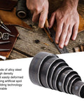 8 Piece Leather Hole Punch Die Set for Leather Craft Circle Cutting Dies on a workbench, shown with a close-up of alloy steel punches.