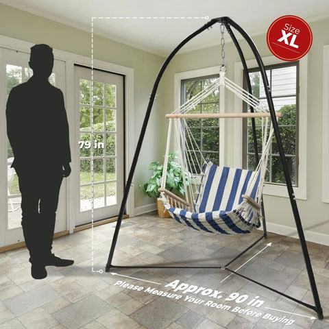Heavy Duty Tripod Hammock Stand With 330 Lb Capacity, Rust Resistant Steel, Adjustable Frame For Saucer Swing in indoor setting.