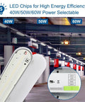 4Ft LED Vapor Tight Light 60W 6600lm Waterproof Outdoor Shop Fixture 5000K IP65 showing power selection options in garage setting