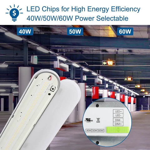 4Ft LED Vapor Tight Light 60W 6600lm Waterproof Outdoor Shop Fixture 5000K IP65 showing power selection options in garage setting