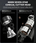 Heavy Duty Electric Burr Coffee Grinder With 48mm Stainless Steel Conical Burrs And 60 Step Settings For Espresso Or Drip Brew showing 48mm conical cutter head and motor components.