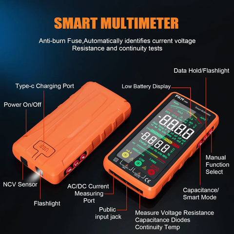 Handy Digital Multimeter with Auto Ranging and Smart Mode 6000 Count TRMS, 5-inch color LCD display showing various functions.