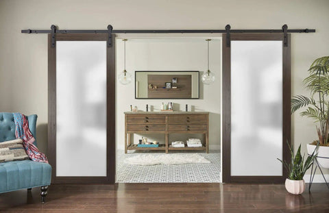 Built Tough Sturdy Double Barn Door With Frosted Glass And Black Rail Chocolate Ash Finish Includes 13Ft Sliding Rail System Heavy Duty Hangers Floor Guide Anti Jump Pins And Complete Hardware For 84 By 96 Inch Two Panel Setup, doors in room