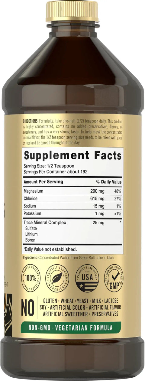 Back label of Liquid Trace Minerals With Magnesium Chloride Sodium And Potassium For Everyday Wellness 16 Fl Oz Vegetarian Non GMO Gluten Free