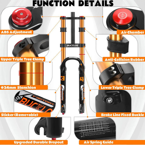 Trail-Ready 26 Inch Mountain Bike Front Fork With Air Suspension, 180mm Travel, Rebound Adjust, Manual Lockout, Double Crown