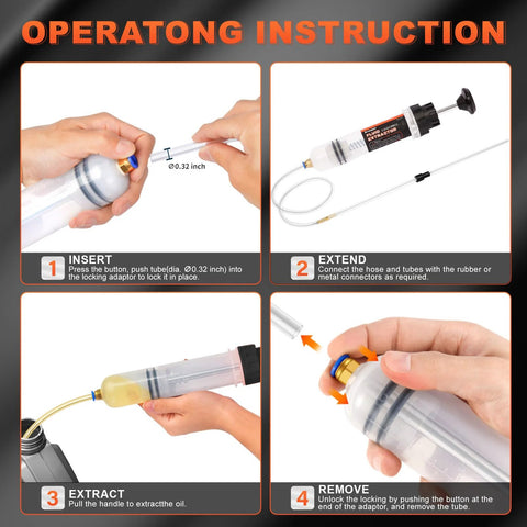 H-veenjor 200 CC automotive fluid extractor pump instructional graphic showing step-by-step use with hoses.