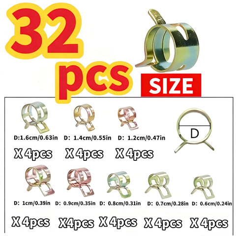 Heavy Duty 32 Piece Spring Hose Clamp Set In 304 Stainless Steel And Copper No Tool Quick Install sizes 0.24-0.63 inch