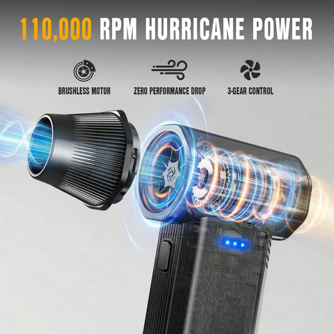 Powerful Brushless Air Duster With Rechargeable Battery, 3 Speed Electric Blower Delivers 110000 RPM Air Rush For PC Keyboard Car Home Cleaning, Reusable Dust Blower, Cuts Canned Air Costs showing internal mechanics of the brushless motor