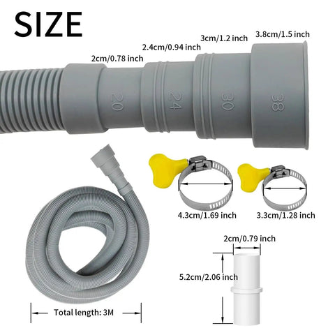 No Sweat 10 Foot Washing Machine Drain Hose Extension Kit With Universal Couplers Quick Install Flexible Pvc Tubing, showing size details.