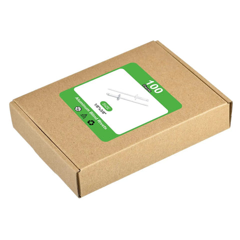 100 Pack Aluminum Blind Rivets 1/8 X 3/8 With Rugged Steel Mandrels And Broad Flanges Pro Shop Pick in a cardboard box.