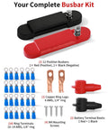 Complete busbar kit with 12-position red and black busbars, copper ring lugs, ring terminals, battery terminal boots and mounting screws.
