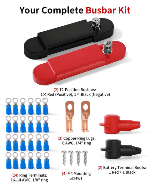 Complete busbar kit with 12-position red and black busbars, copper ring lugs, ring terminals, battery terminal boots and mounting screws.