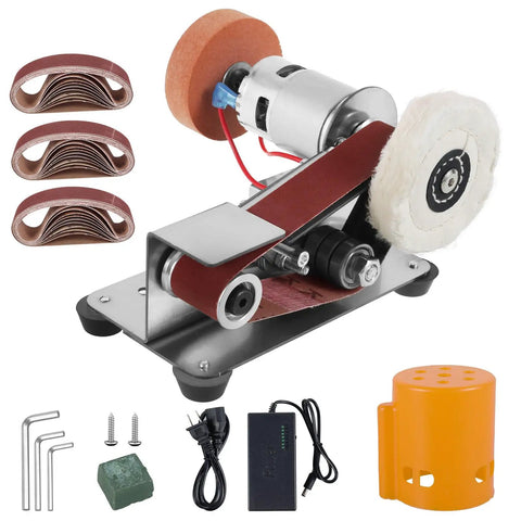 Heavy Duty Mini Belt Sander Sleek Electric Polisher Sharpener Machine With 7 Speed Adjustable Settings High Torque Copper Motor includes sanding belts.