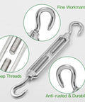 Close-up of Six Pack M6 Hook And Hook Turnbuckles Set For Cable Railing And Wire Rope Tensioning In 304 Stainless Steel Heavy Duty