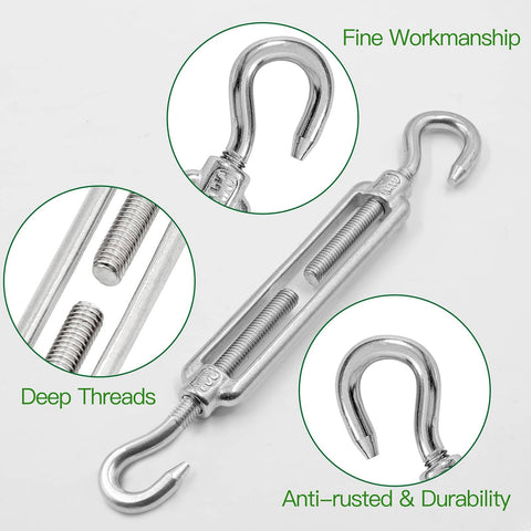 Close-up of Six Pack M6 Hook And Hook Turnbuckles Set For Cable Railing And Wire Rope Tensioning In 304 Stainless Steel Heavy Duty