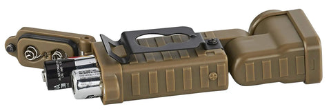 Sidewinder Boot Tactical Light With 2 AA Batteries, 55 Lumen LED, 63 Meter Beam shown with battery compartment open, Coyote color.