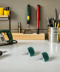 Green Mushroom Shaped Nylon Polishing Wheels With Handle For Drill, 50x6mm buffing pads on a workbench with tools