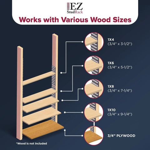 Image showing Eight Pack Adjustable Shelf Brackets Wall Mounted Rack System For Custom Wood Shelves with various wood sizes.