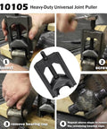 Beefy Heavy Duty U Joint Removal Tool 10105 U Joint Puller in use on auto drive shaft, showing insertion and removal process.