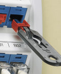 Two blue RJ45 jack blockout modules with red locking tabs installed in a wall plate; labeled BO1/BO2.