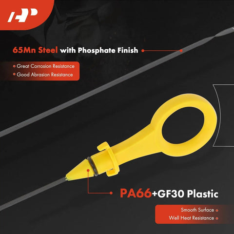2.0L 4 Cylinder Engine Oil Dipstick For Audi And VW Cars Fits A3 A4 A5 A6 Q3 Q5 TT Quattro Models Jetta Passat Beetle Tiguan CC Engine Oil Level Measuring Rod Dipstick For Quick Accurate Readings And No Fuss Maintenance image of yellow plastic handle with 65Mn steel rod with phosphate finish showing abrasion resistance