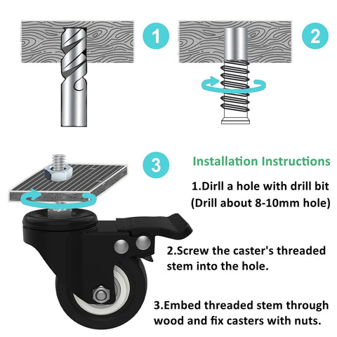 Installation guide for Set Of 4 Stem Casters M8x25 With Double Locking Brake, 2 Inch Heavy Duty PU Rubber Swivel Caster Wheels.
