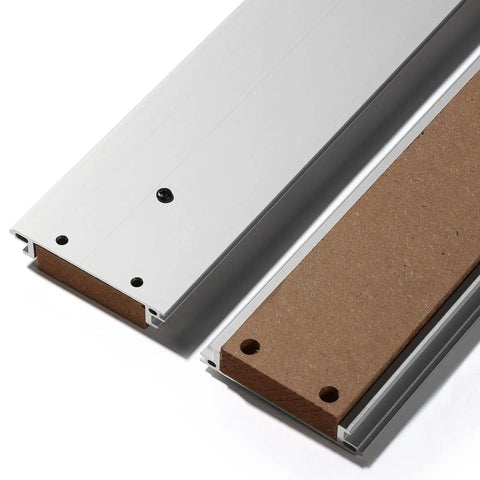 Close-up of Hybrid Aluminum And MDF Spoilboard Table showing aluminum frame and MDF slat for CNC Router Upgrade, 840 x 600 x 15mm.